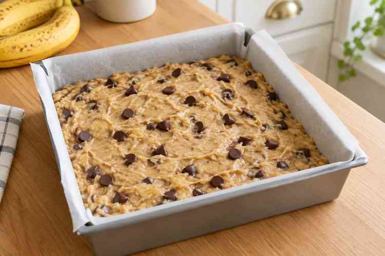 Banana Chocolate Chip Bars: Soft & Easy Dessert 7 Unbaked banana chocolate chip batter spread in a square pan