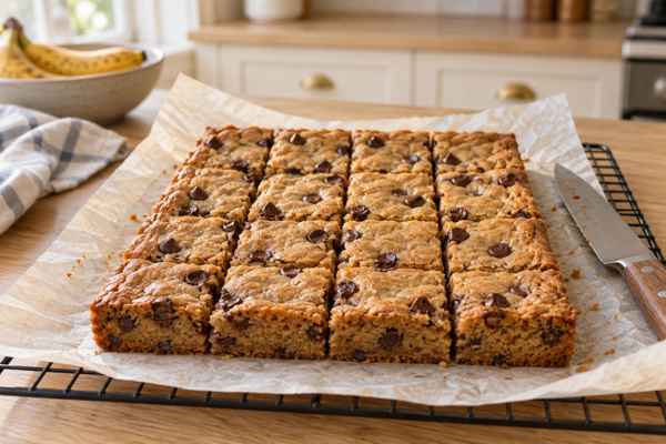 Banana Chocolate Chip Bars: Soft & Easy Dessert 8 Cooled banana chocolate chip bars cut into sixteen squares