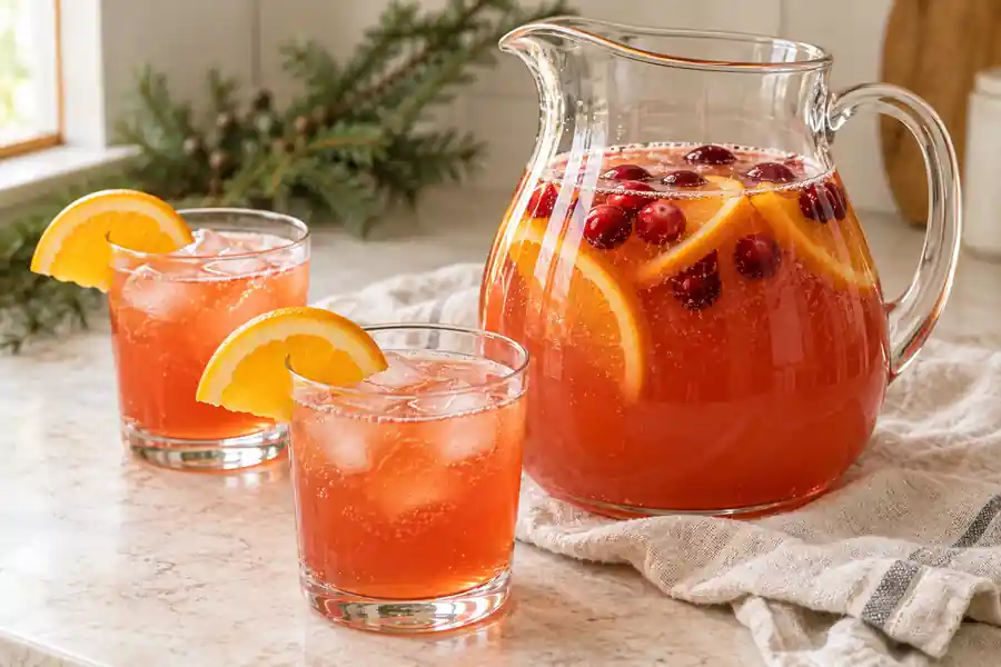 Christmas Morning Punch Recipe (Non-Alcoholic) 6 A pitcher and two glasses of non-alcoholic Christmas morning punch with orange slices and cranberries.