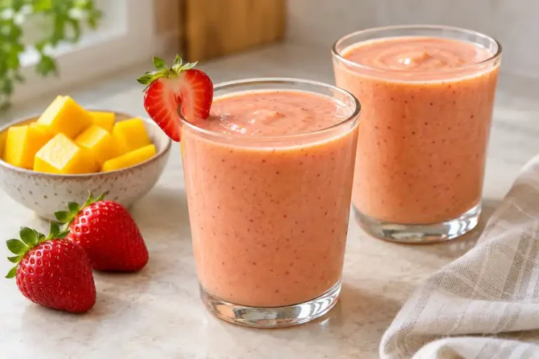 Two glasses of creamy strawberry mango smoothie beside mango cubes and fresh strawberries.