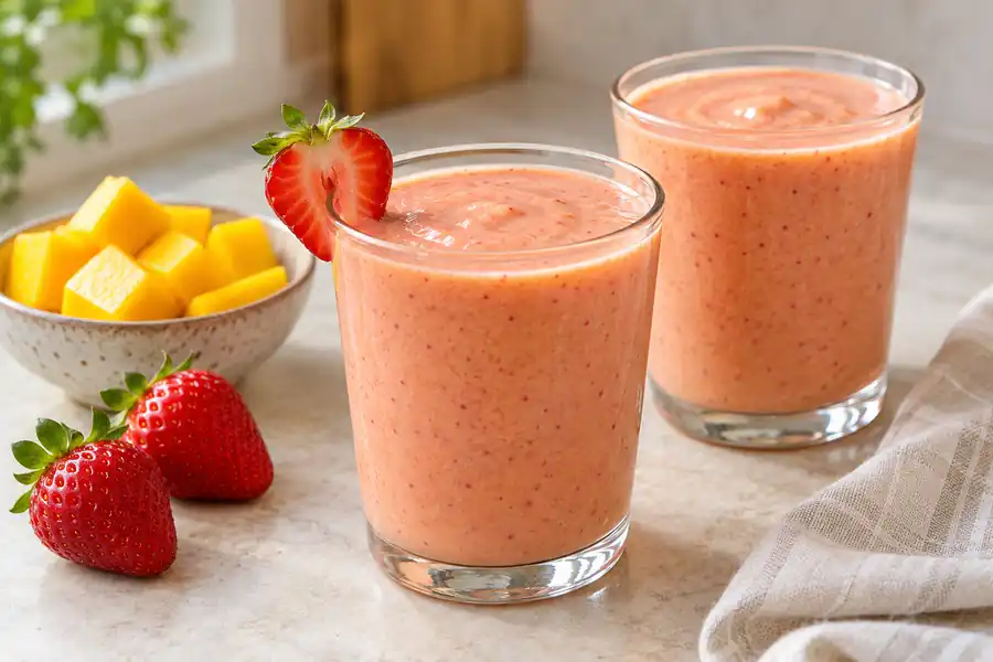 Strawberry Mango Smoothie with Yogurt 6 Two glasses of creamy strawberry mango smoothie beside mango cubes and fresh strawberries.