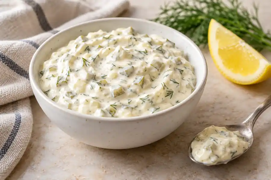 Quick and Easy Tartar Sauce with Dill Pickles 6 Creamy homemade tartar sauce with dill pickles and fresh dill in a white bowl beside a lemon wedge.