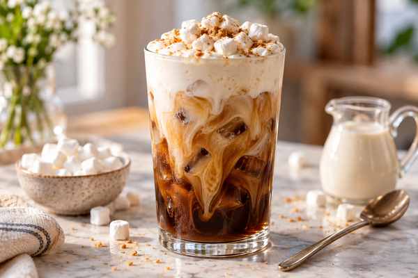 Marshmallow cold foam layered over dark iced coffee in a clear glass