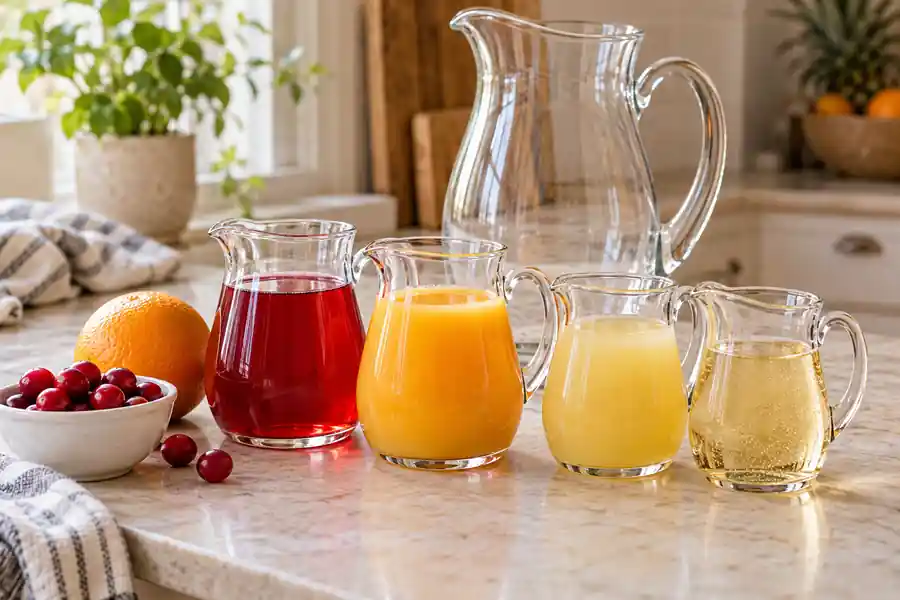 Christmas Morning Punch Recipe (Non-Alcoholic) 2 Chilled cranberry, orange and pineapple juices and ginger ale measured beside an empty pitcher.