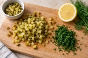 Quick and Easy Tartar Sauce with Dill Pickles 8 Finely chopped dill pickles and fresh dill on a chopping board.