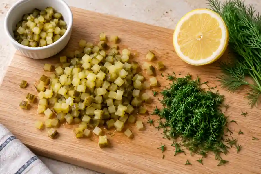 Quick and Easy Tartar Sauce with Dill Pickles 2 Finely chopped dill pickles and fresh dill on a chopping board.