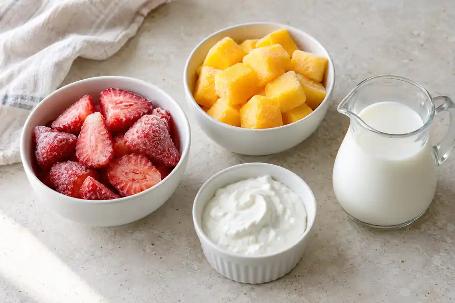Strawberry Mango Smoothie with Yogurt 2 Frozen strawberries, mango chunks, plain Greek yogurt and milk measured for the smoothie.