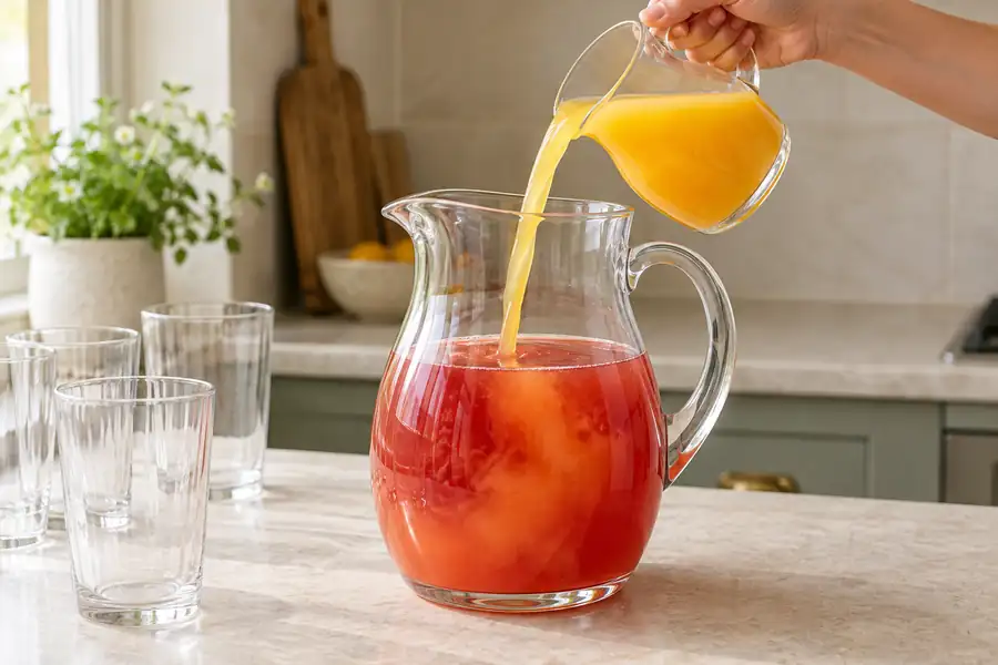 Christmas Morning Punch Recipe (Non-Alcoholic) 3 Orange juice poured into a pitcher containing cranberry and pineapple juices.