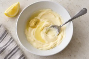 Quick and Easy Tartar Sauce with Dill Pickles 9 Mayonnaise, Dijon mustard and lemon juice being mixed in a white bowl.