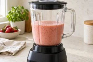 Strawberry Mango Smoothie with Yogurt 10 Smooth strawberry mango mixture in a covered blender pitcher.