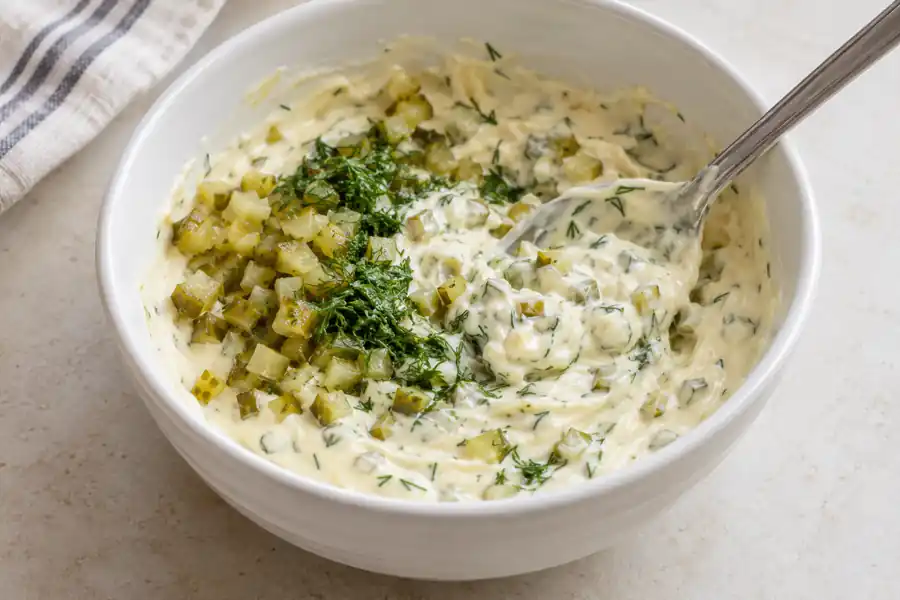 Quick and Easy Tartar Sauce with Dill Pickles 4 Chopped dill pickles and fresh dill folded into the creamy sauce base.