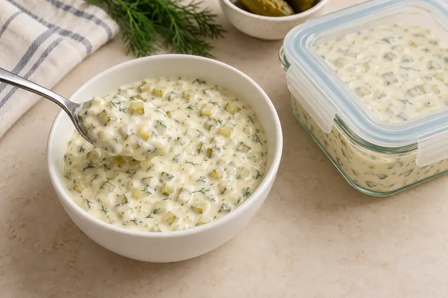 Quick and Easy Tartar Sauce with Dill Pickles 5 Finished tartar sauce showing a thick spoonable texture beside a covered storage container.