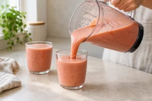Strawberry Mango Smoothie with Yogurt 11 Creamy strawberry mango smoothie poured from a blender pitcher into a glass.